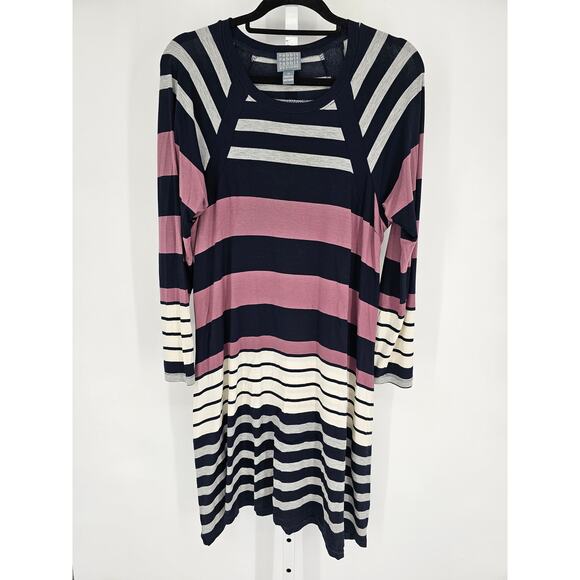 Rabbit Designs Womens Sz 14 Midi Length Long Sleeve Shirt Dress Striped Black - Picture 1 of 3